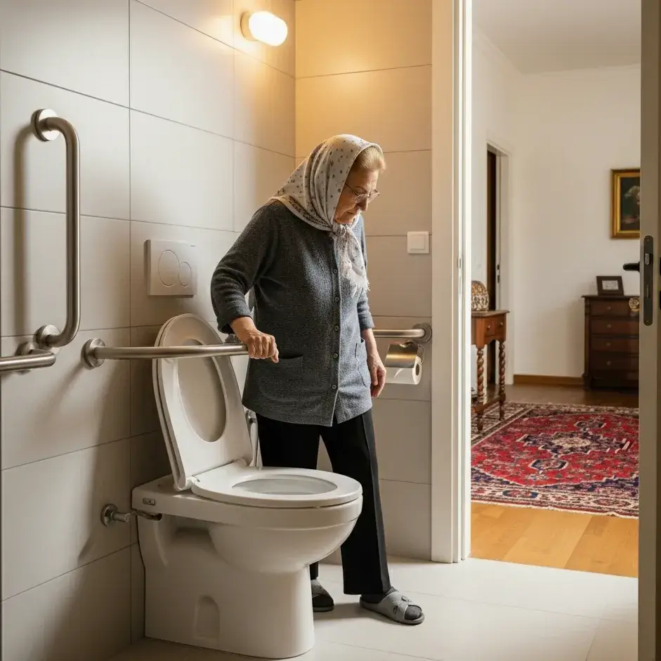 Elderly Iranian woman with multiple sclerosis in a safe bathroom with grab bars and anti-slip flooring, symbolizing independence and home safety